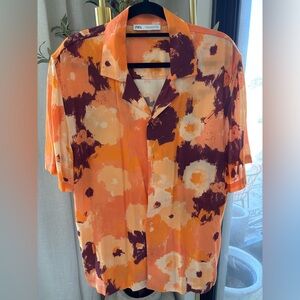 Zara Men's Abstract Orange and Burgundy Shirt
